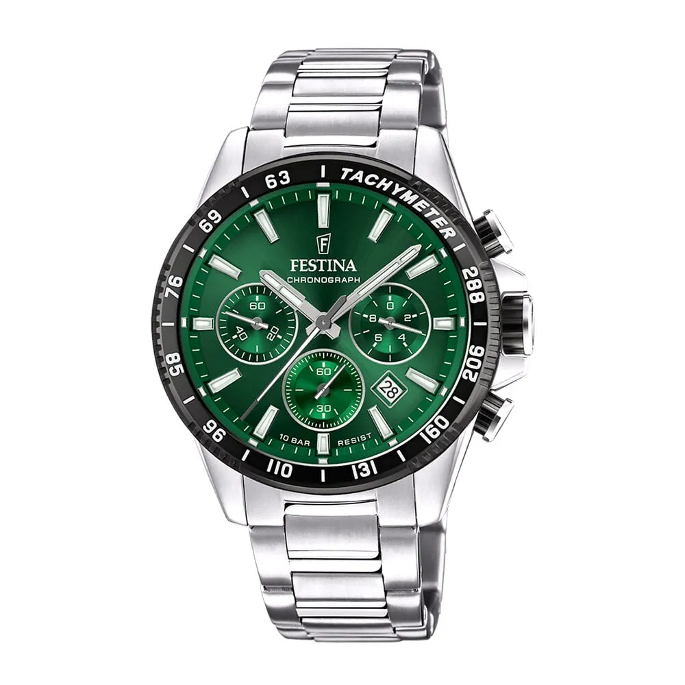 Orologio Al Quarzo Festina Timeless Chronograph F20560/4 Cronografo Cassa Rotonda Acciaio Argentato 45 mm Quadrante Verde Cintur